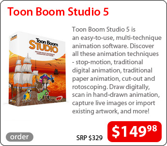Toon Boom Studio 5An easy to use multi-technique animation software. Discover all these animation techniquesstop motion, traditional digital animation, cut-outs and rotoscoping. Draw digitally, scan in hand drawn animation, capture live images or import existing artowrk, and more! Price: $149.98 (SRP $329)